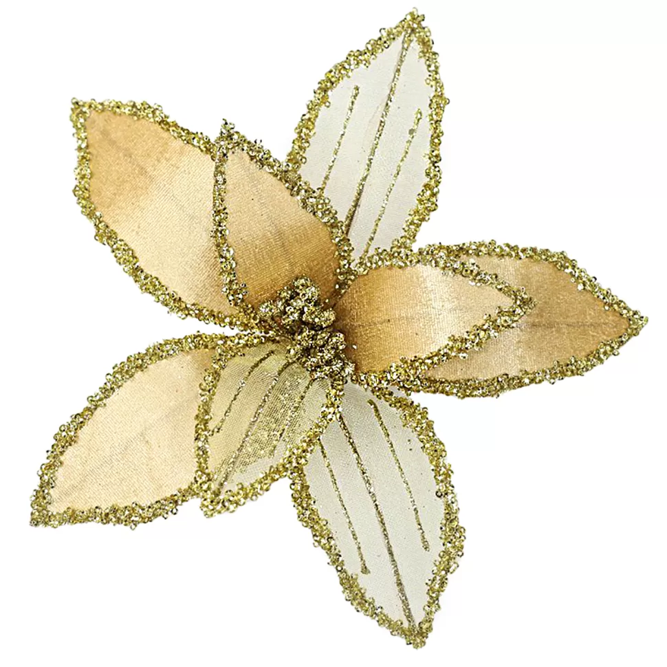 Christmas Forever POINSETTIA HEAD GOLD 9″ VELVET SHEER W/ CLIP