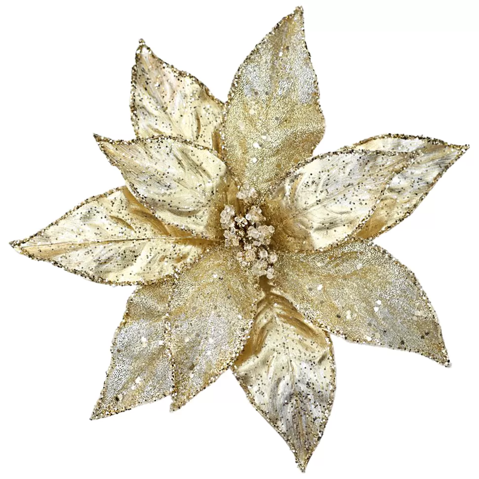Christmas Forever POINSETTIA HEAD GOLD/SILVER 11″ GLITTER METALLIC W/ CLIP