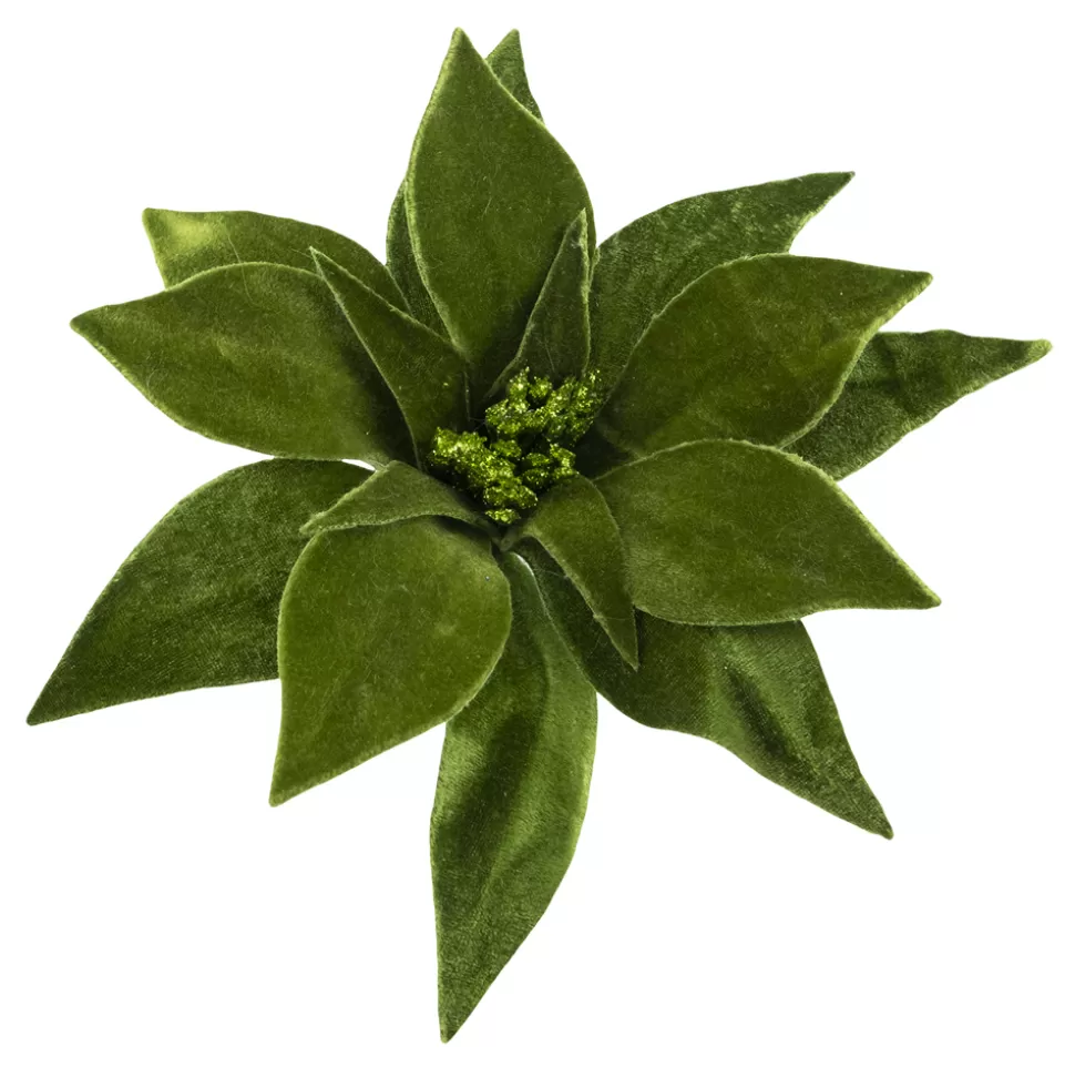Christmas Forever POINSETTIA HEAD GREEN 9″ VELVET W/ CLIP