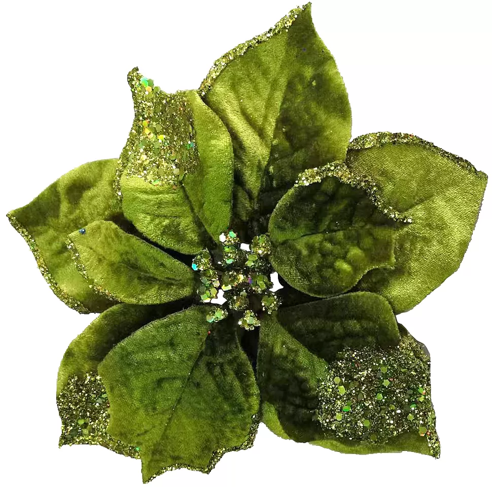 Christmas Forever POINSETTIA HEAD GREEN CHARTREUSE 9″ GLITTER CARDED W/ CLIP