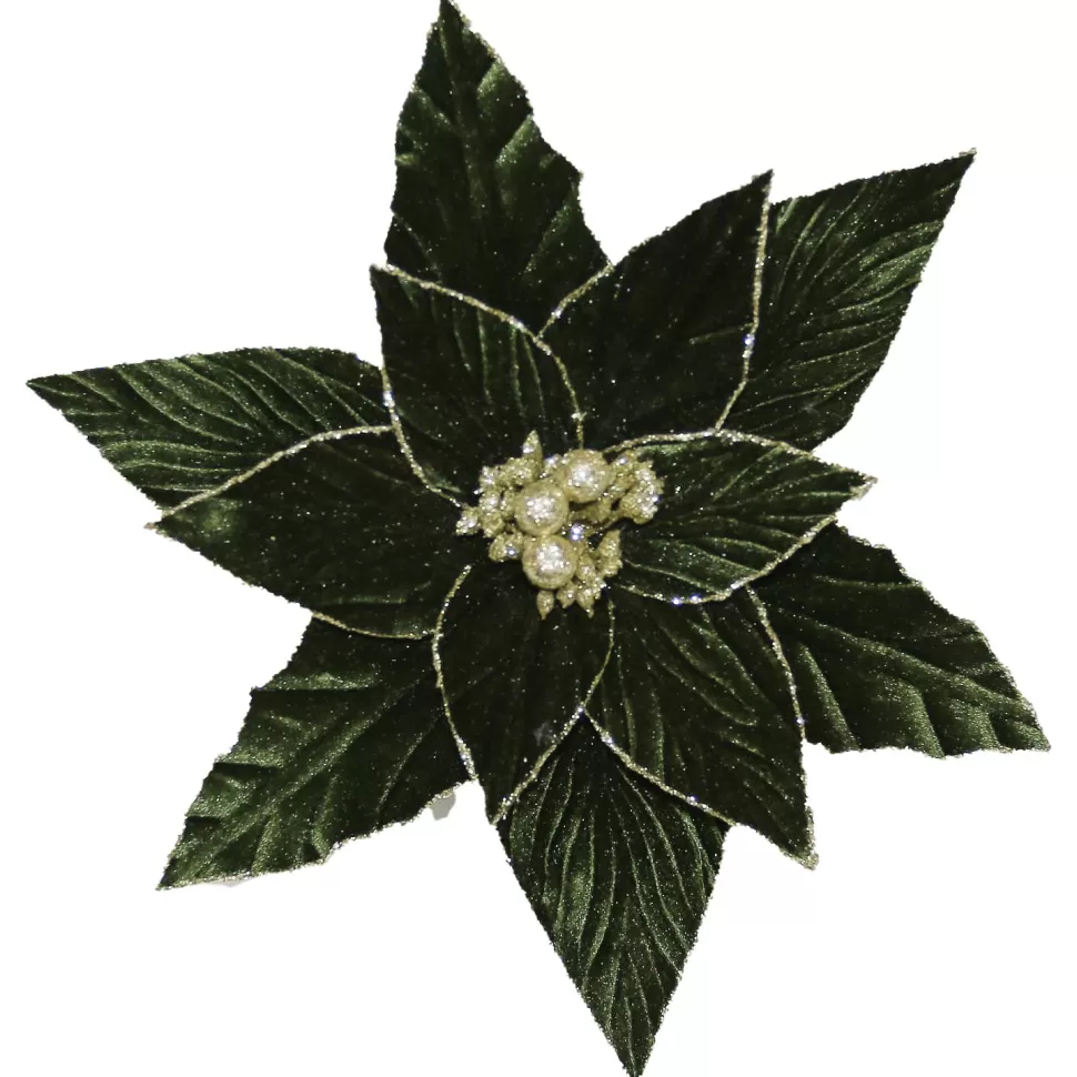 Christmas Forever POINSETTIA HEAD GREEN DARK /CHAMPAGNE 11.5″ W/ CLIP