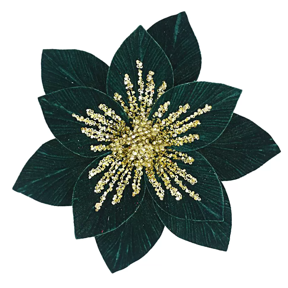 Christmas Forever POINSETTIA HEAD GREEN EMERALD 11.5″ VELVET W/GOLD SEQUINS W/ CLIP