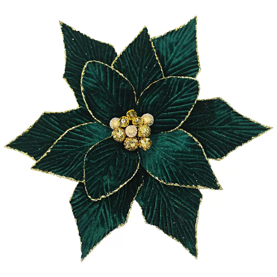 Christmas Forever POINSETTIA HEAD GREEN /EMERALD 12″ VELVET W/GOLD GLITTER EDGE W/CLIP