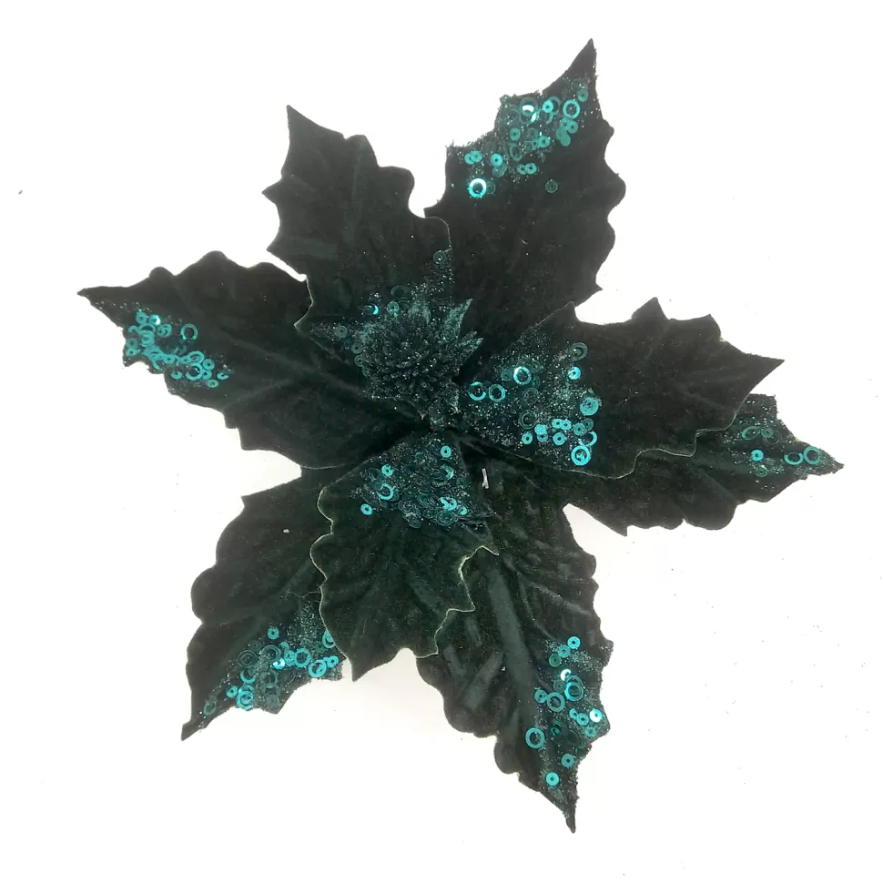 Christmas Forever POINSETTIA HEAD GREEN EMERALD 5″ VELVET W/ SEQUIN & CLIP