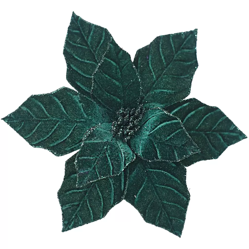 Christmas Forever POINSETTIA HEAD GREEN EMERALD 9.5″ VELVET W/ CLIP