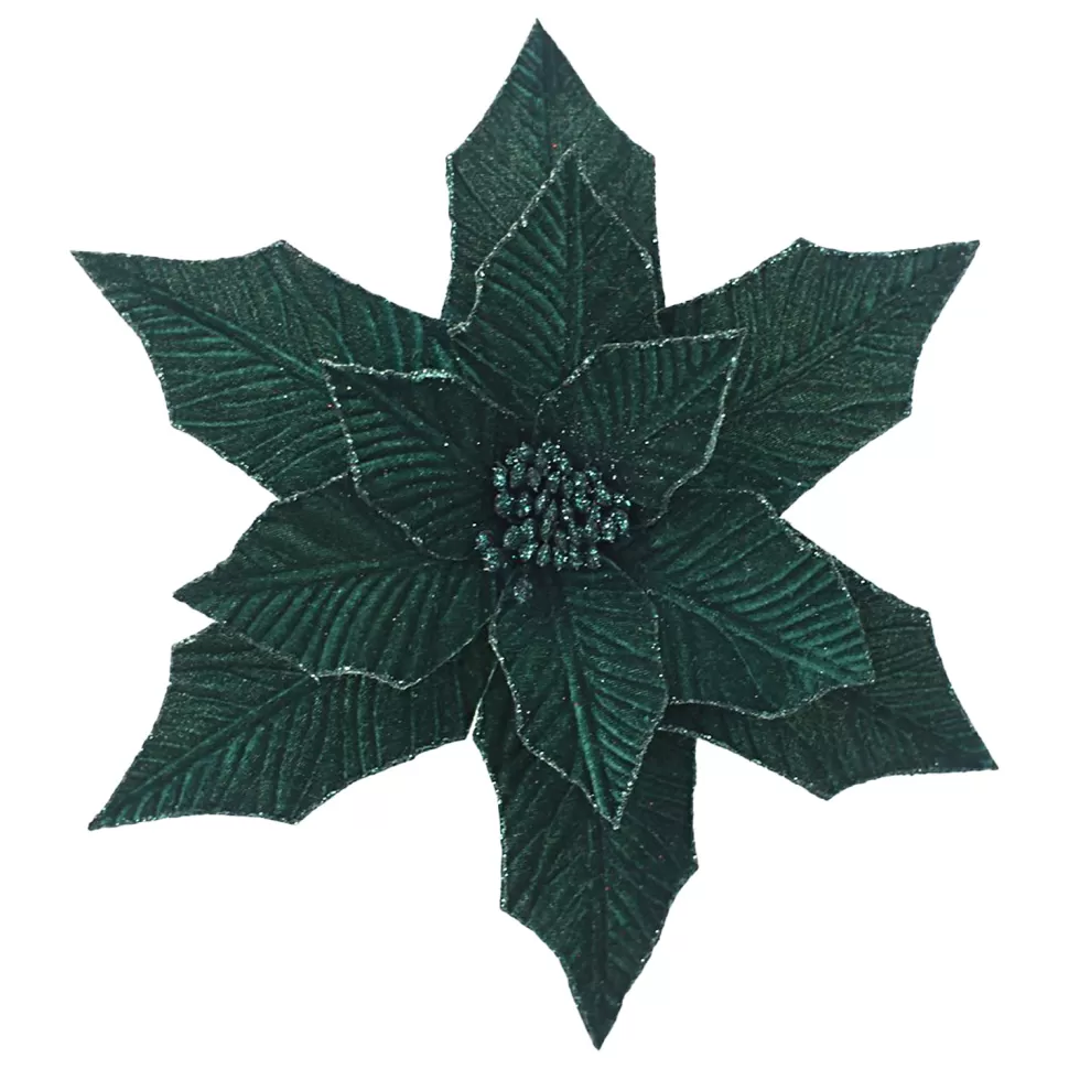 Christmas Forever POINSETTIA HEAD GREEN EMERALD 12.5″ VELVET W/ 20″ STEM