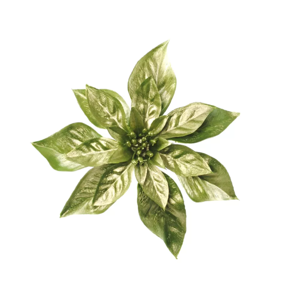 Christmas Forever POINSETTIA HEAD GREEN/ GOLD 9″ METALLIC W/GLITTER W/CLIP