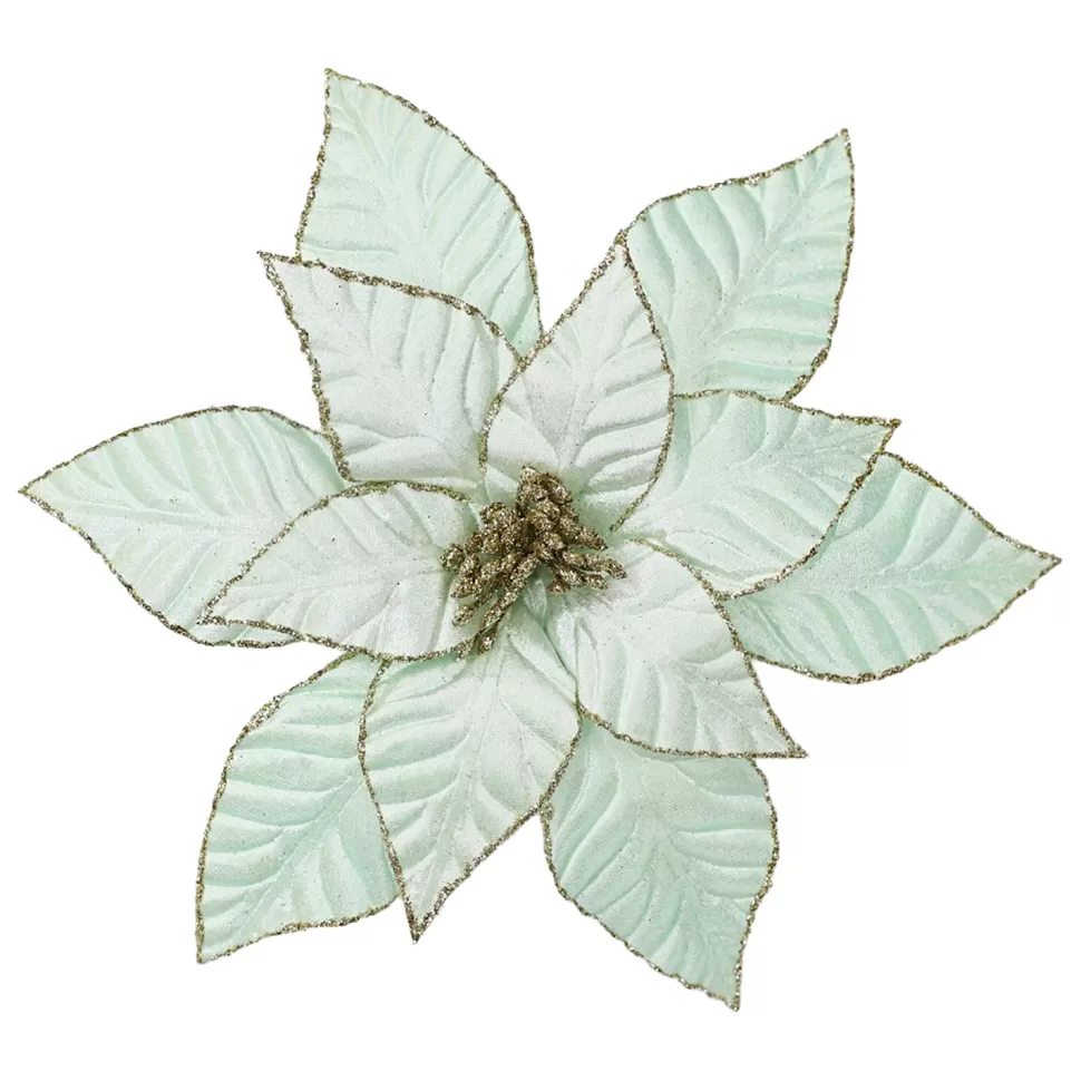 Christmas Forever POINSETTIA HEAD GREEN MINT 12″ VELVET W/ CH GLITTER & CLIP