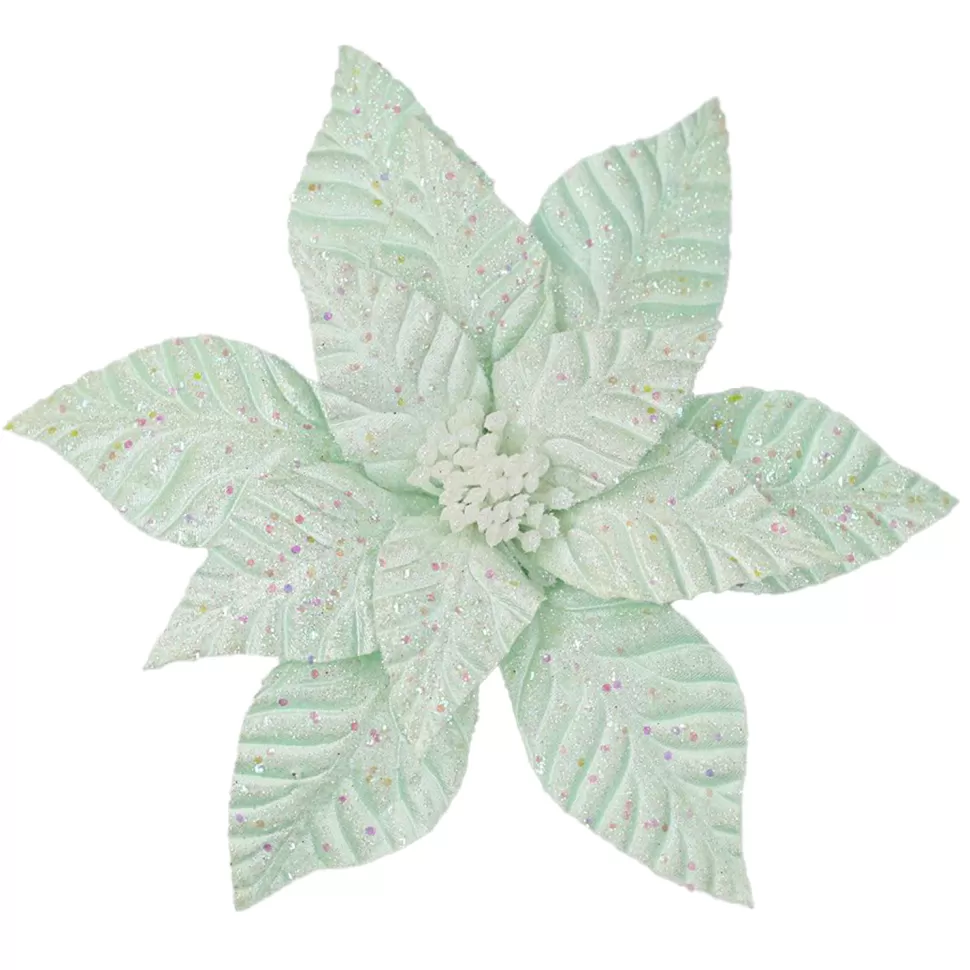 Christmas Forever POINSETTIA HEAD GREEN MINT 12″ VELVET W/ GLITTER & CLIP