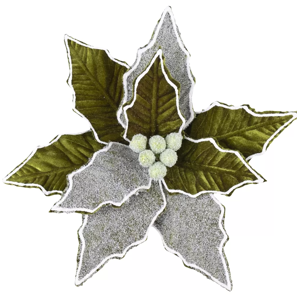 Christmas Forever POINSETTIA HEAD GREEN MOSS 11″ VELVET W/ FROSTED PETALS & CLIP