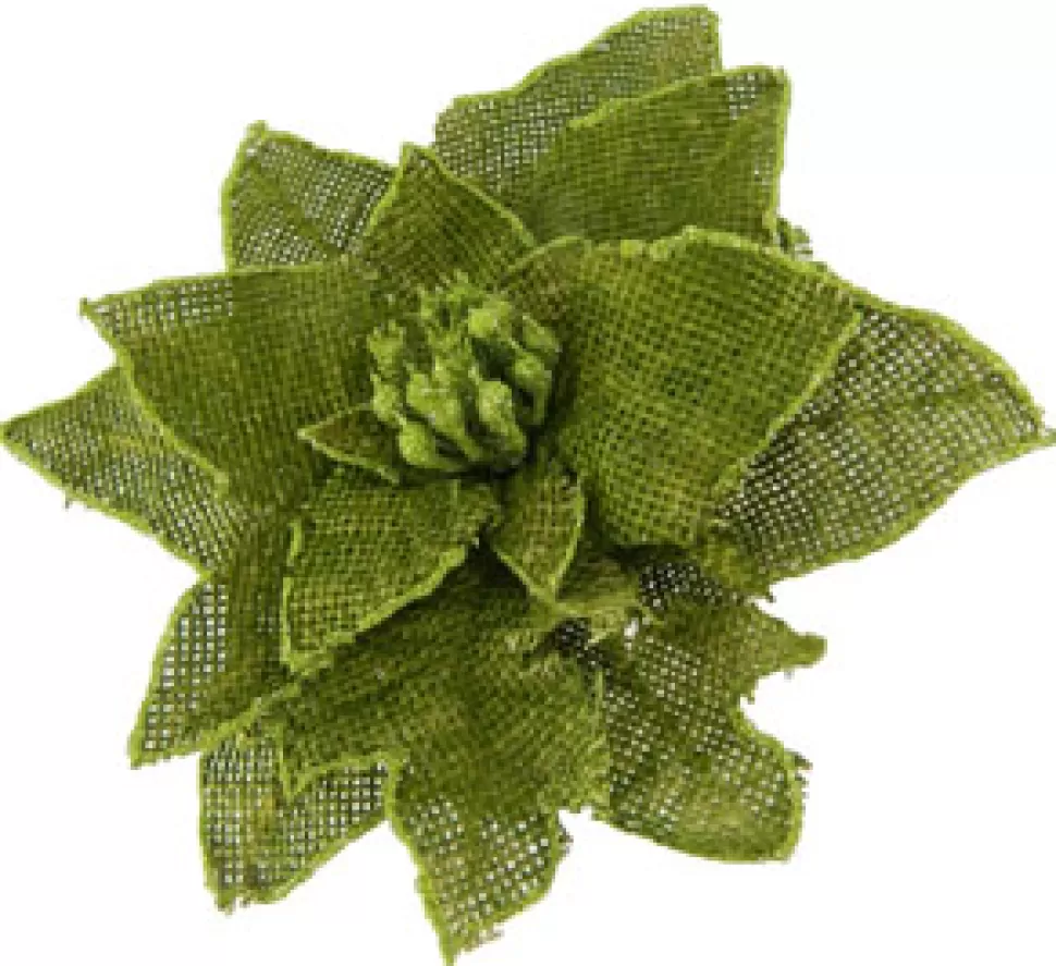 Christmas Forever POINSETTIA HEAD GREEN/ MOSS 6″ BURLAP W/GLITTER TRIM & CLIP