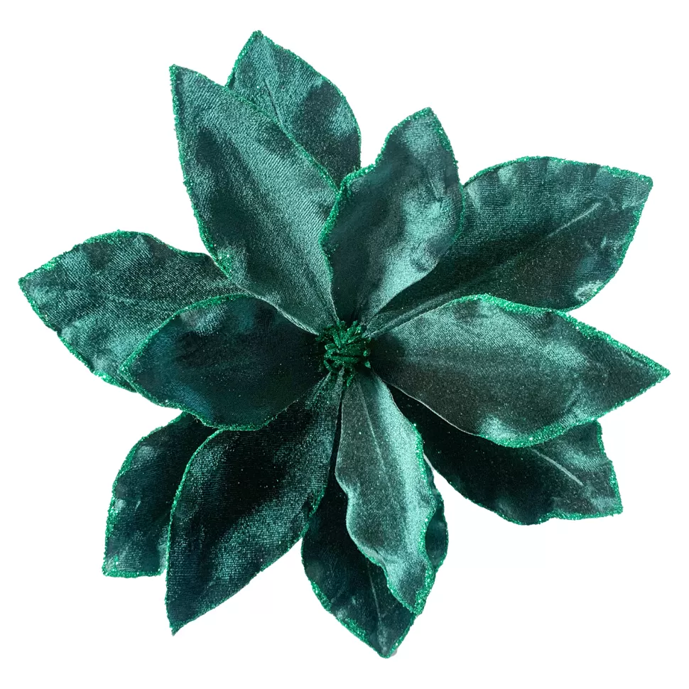 Christmas Forever POINSETTIA HEAD GREEN PEACOCK 10.5″ VELVET W/ GLITTER EDGE & CLIP