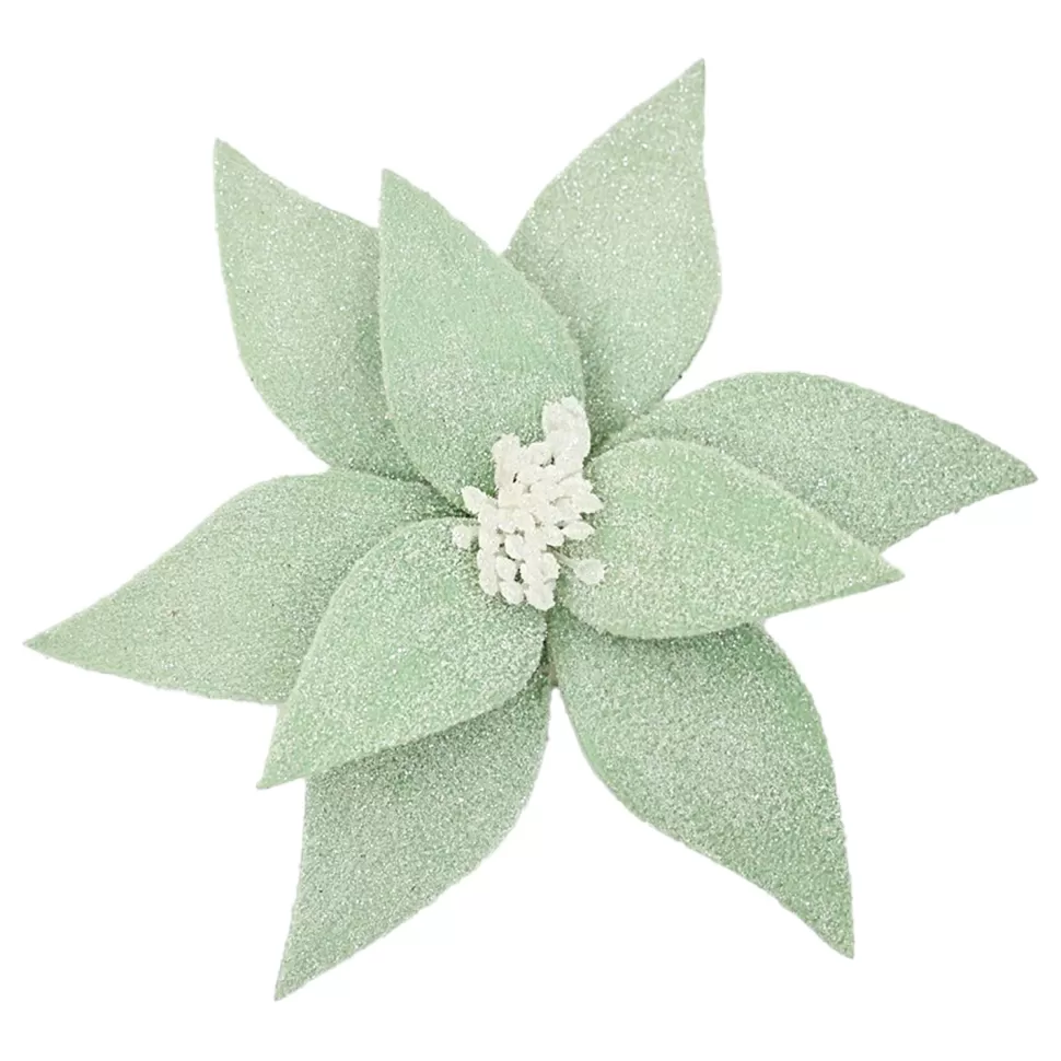 Christmas Forever POINSETTIA HEAD GREEN SAGE 11.5″ FROSTED WOOL W/ CLIP
