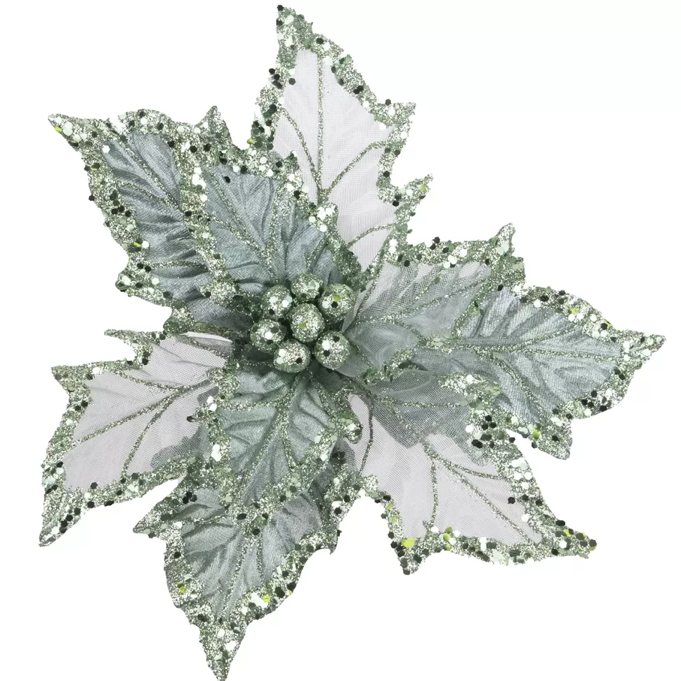 Christmas Forever POINSETTIA HEAD GREEN SLATE 10″W/ GLITTER & CLIP