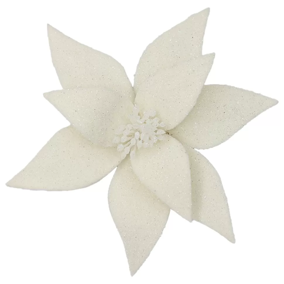 Christmas Forever POINSETTIA HEAD IVORY 11.5″ FROSTED WOOL W/ CLIP