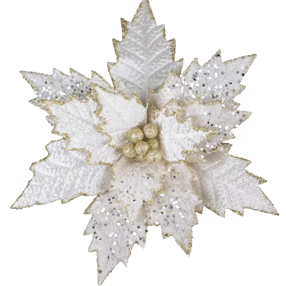 Christmas Forever POINSETTIA HEAD IVORY 11″ W/ GLITTER BORDER W/ CLIP