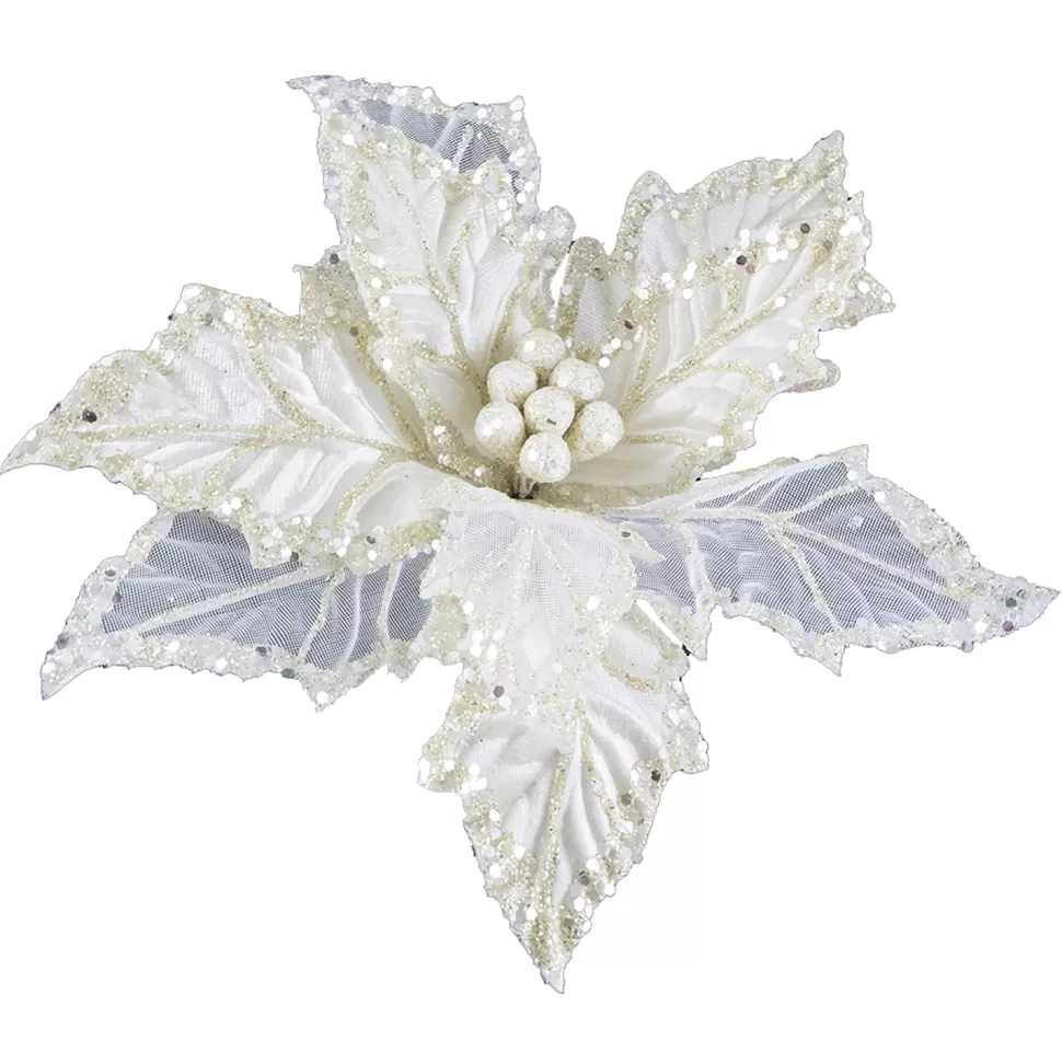 Christmas Forever POINSETTIA HEAD IVORY 11″ W/SEQUINS BORDER & CLIP