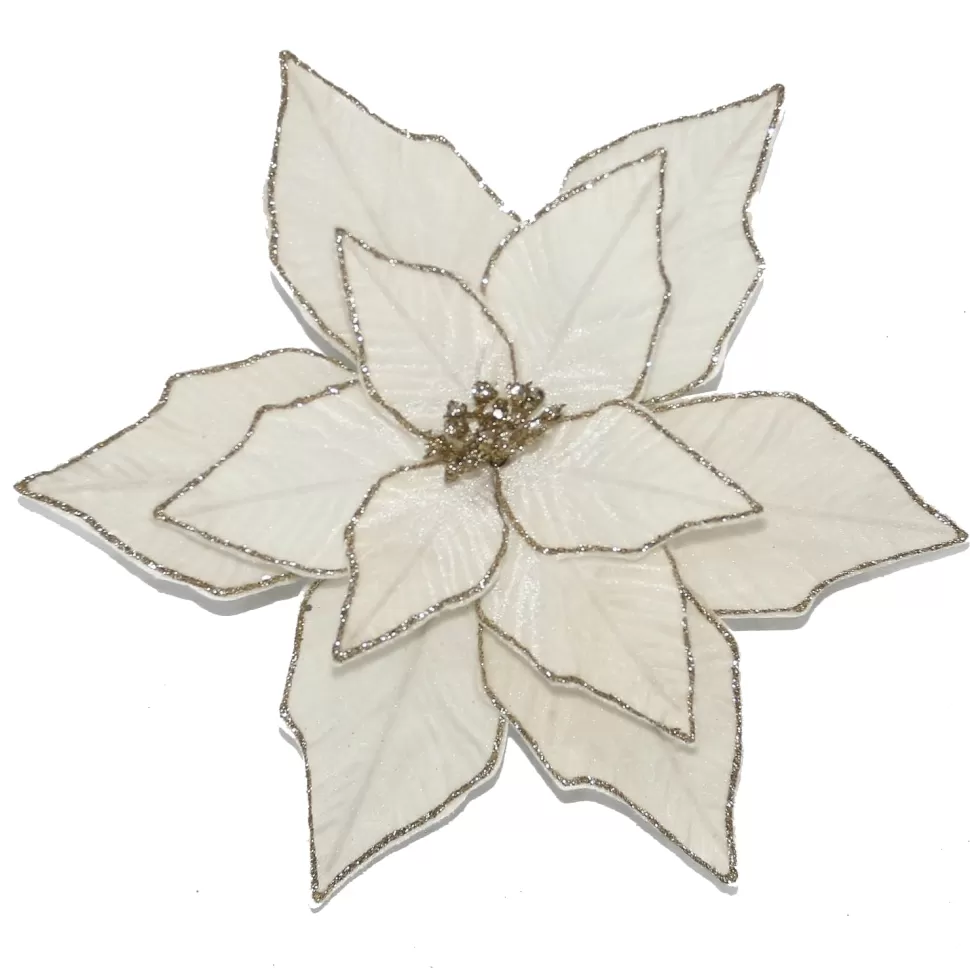 Christmas Forever POINSETTIA HEAD IVORY 14″ W/ GOLD GLITTER EDGE W/ CLIP