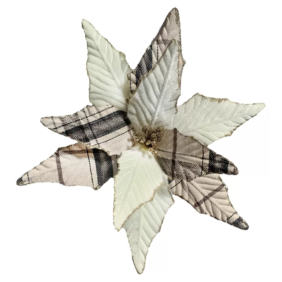 Christmas Forever POINSETTIA HEAD IVORY 2-TONE 10.5″ VELVET/ FABRIC W/ CLIP