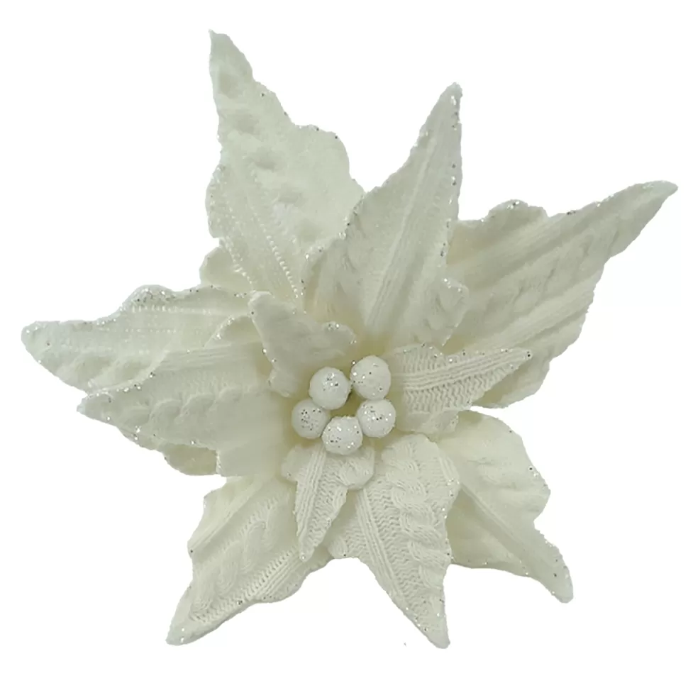 Christmas Forever POINSETTIA HEAD IVORY 7.5″ KNITTED FABRIC W/CLIP