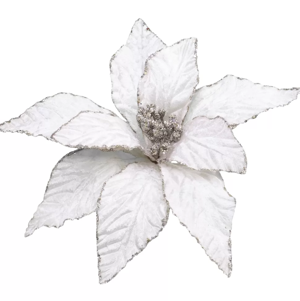 Christmas Forever POINSETTIA HEAD IVORY / BEIGE 10″ VELVET W/GLITTER EDGE & CLIP
