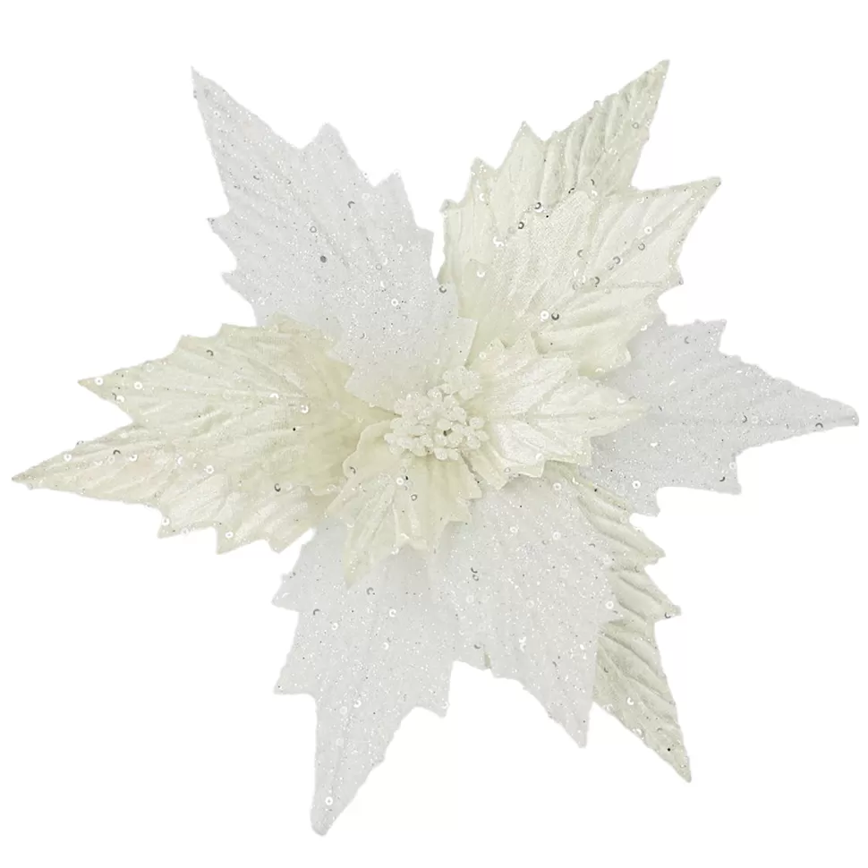 Christmas Forever POINSETTIA HEAD IVORY /WHITE 12″ VELVET GLITTER W/ CLIP
