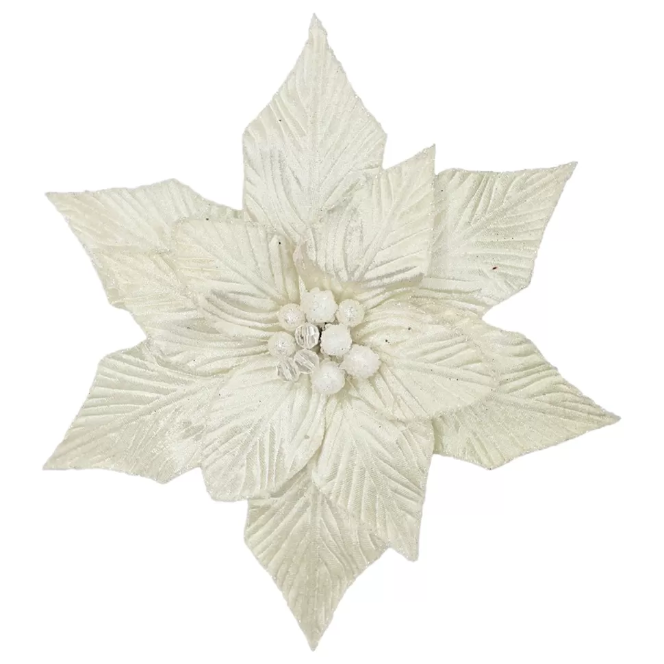 Christmas Forever POINSETTIA HEAD IVORY /WHITE 12″ VELVET W/ CLIP