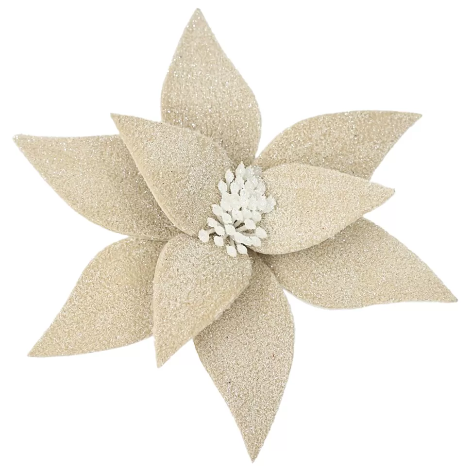 Christmas Forever POINSETTIA HEAD NATURAL 11.5″ FROSTED WOOL W/ CLIP