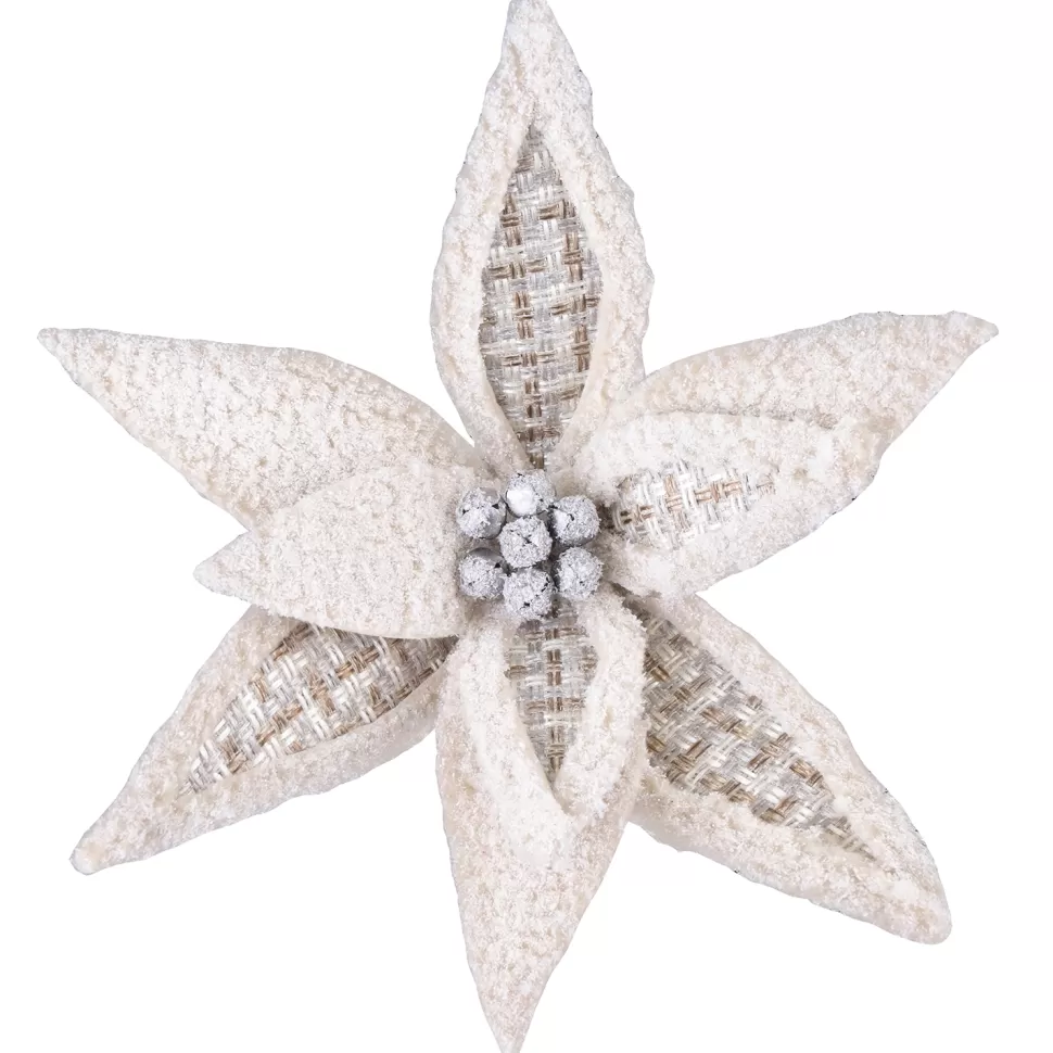 Christmas Forever POINSETTIA HEAD NATURAL / IVORY 12″FLUFFY W/ ALTERNATE BURLAP PETALS W/ CLIP