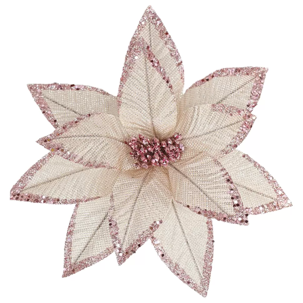 Christmas Forever POINSETTIA HEAD PINK 12″ METALLIC/ GLITTER W/ CLIP