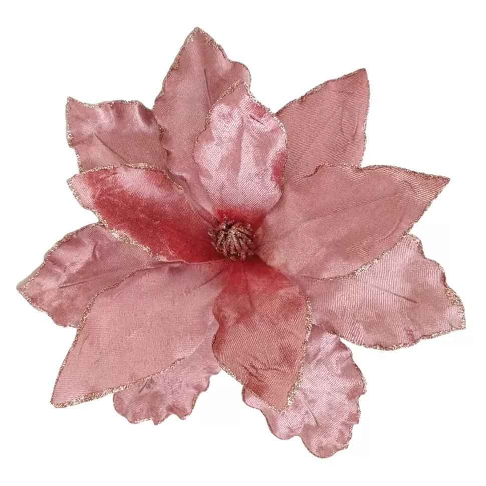 Christmas Forever POINSETTIA HEAD PINK ROSE 10.5″ VELVET W/ GLITTER EDGE & CLIP