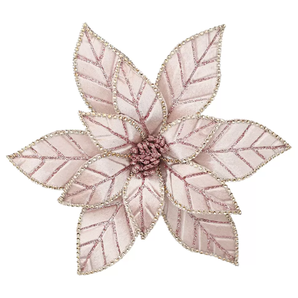 Christmas Forever POINSETTIA HEAD PINK ROSE 11.5″ VELVET W/ CLIP