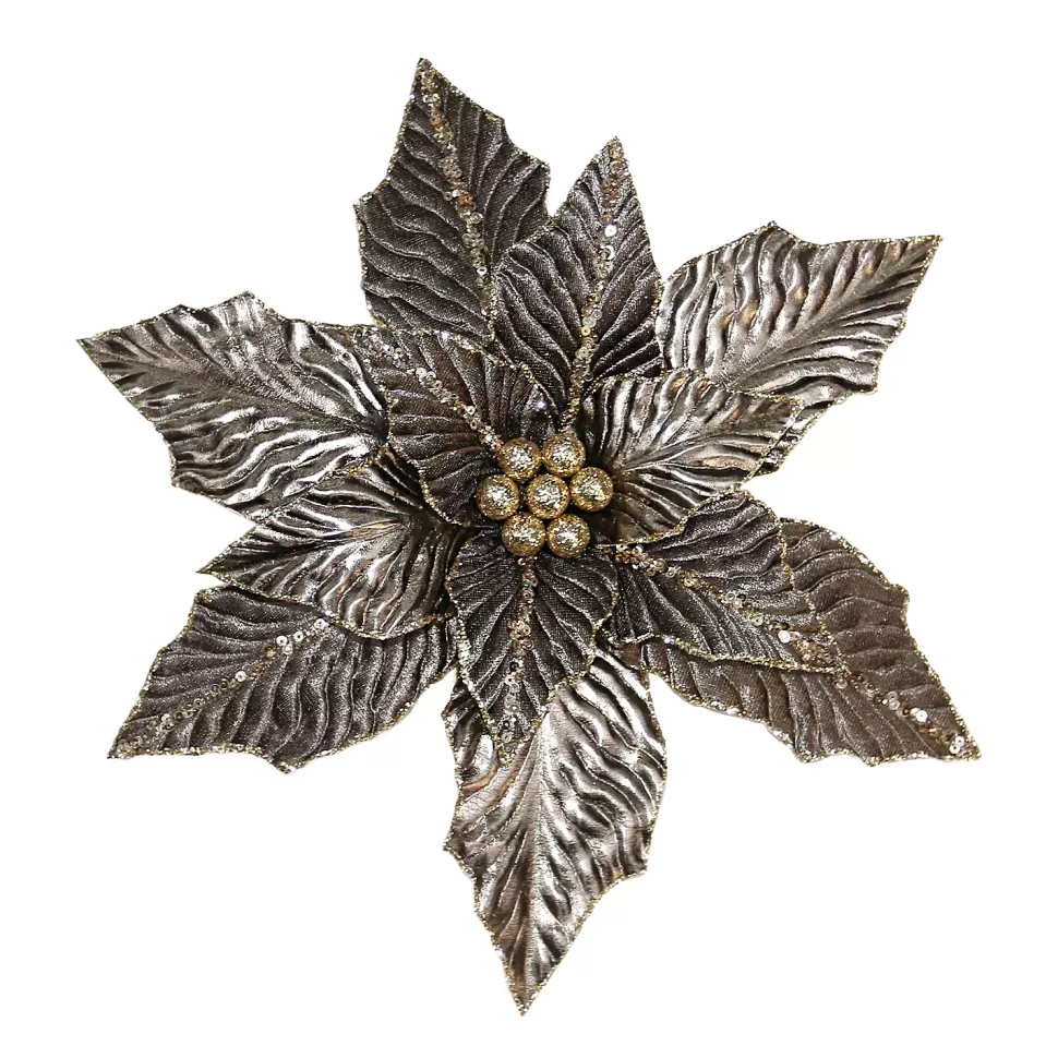 Christmas Forever POINSETTIA HEAD PLATINUM 11.5″ METALLIC W/ GOLD GLITTER