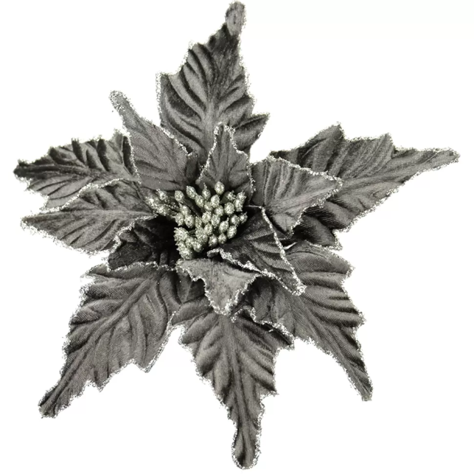 Christmas Forever POINSETTIA HEAD PLATINUM 11″ VELVET W/ GLITTER & CLIP