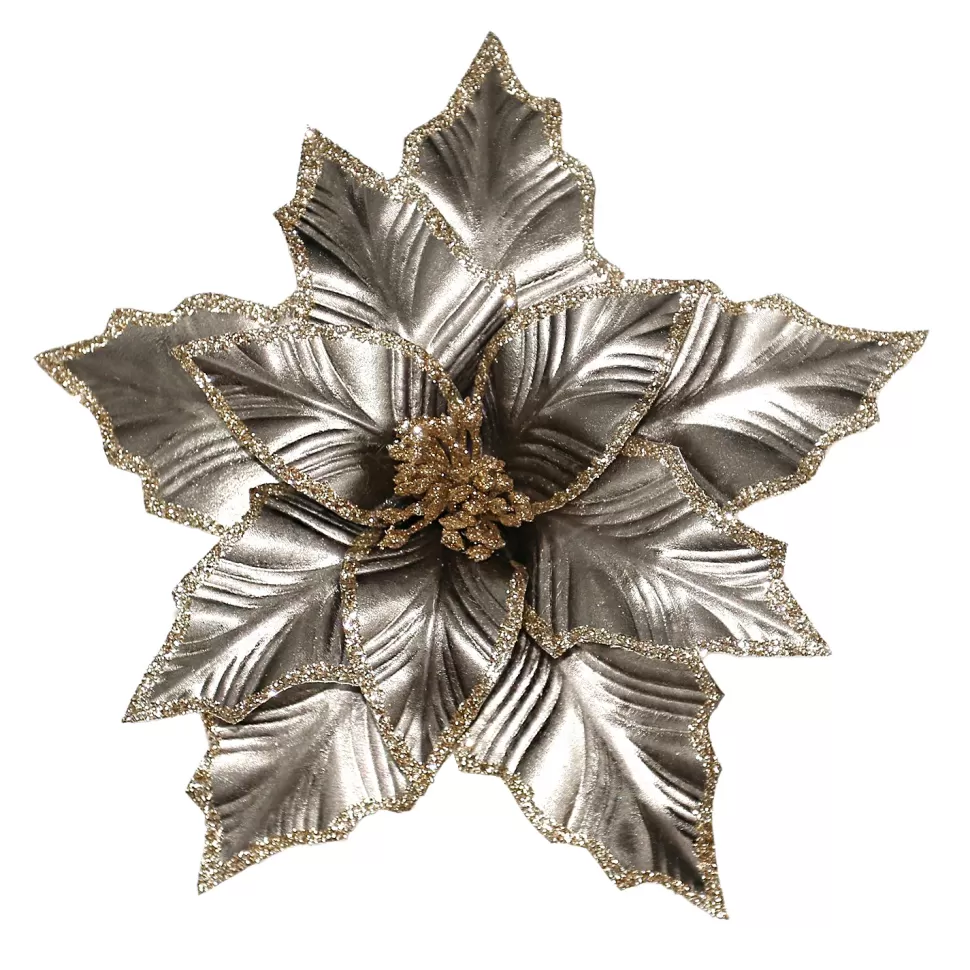 Christmas Forever POINSETTIA HEAD PLATINUM 12″ METALLIC W/ GOLD GLITTER & CLIP