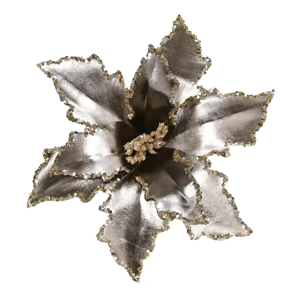 Christmas Forever POINSETTIA HEAD PLATINUM 12″ METALLIC W/GOLD SEQUIN & CLIP