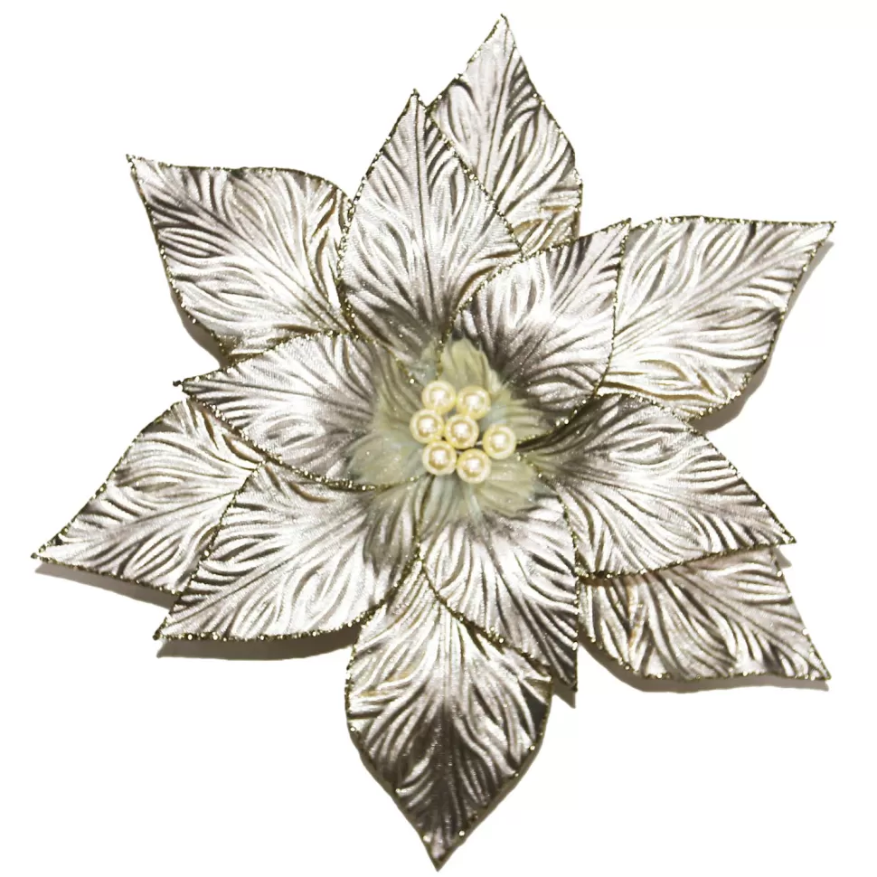 Christmas Forever POINSETTIA HEAD PLATINUM 12″ W/ WHITE POLLEN W/ CLIP