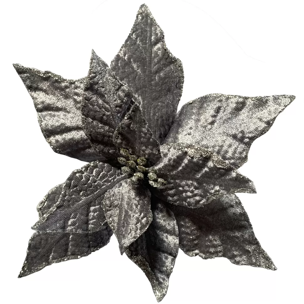 Christmas Forever POINSETTIA HEAD PLATINUM 7.5″ VELVET W/SILVER GLITTER EDGE & CLIP