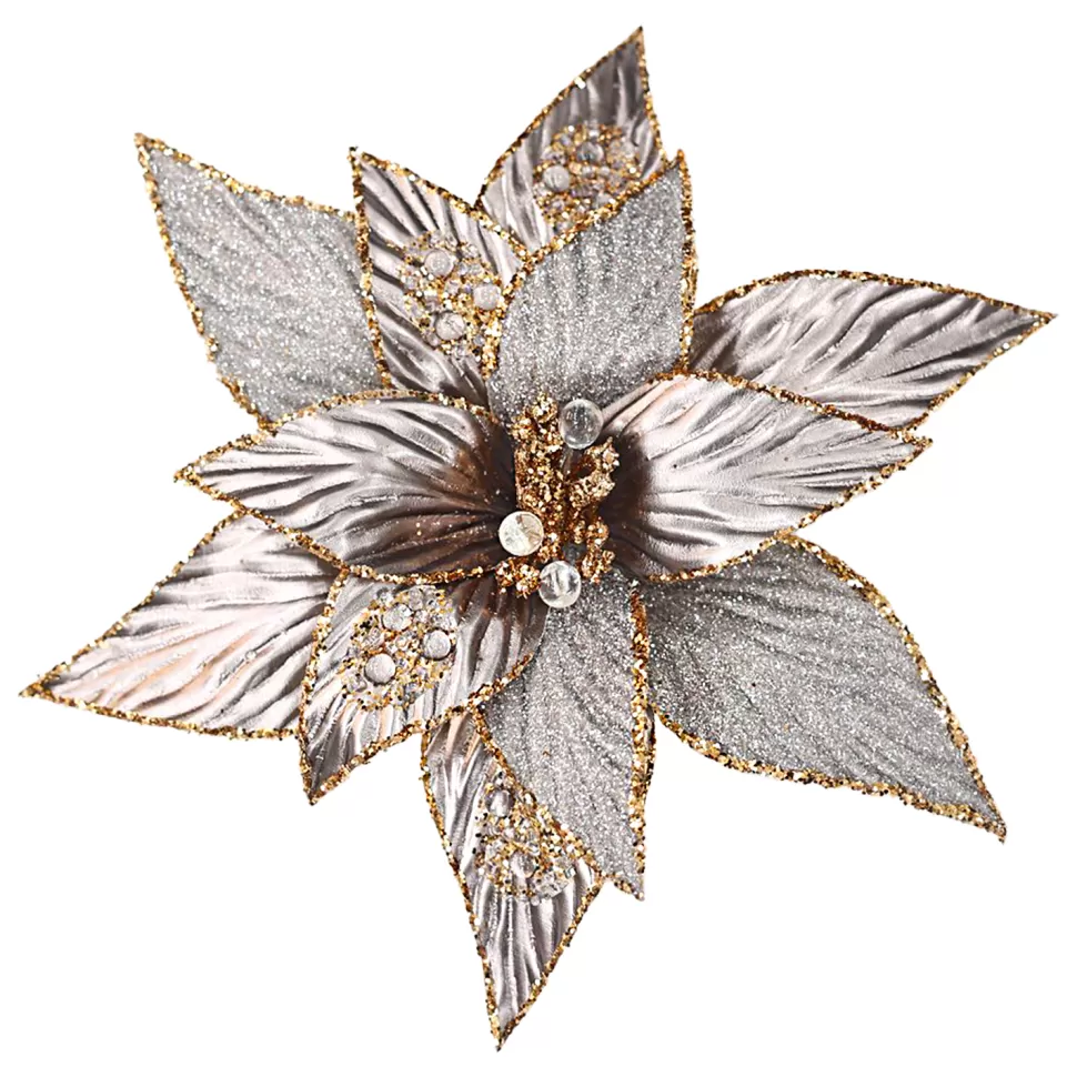 Christmas Forever POINSETTIA HEAD PLATINUM COPPER 11.5″ METALLIC W/ CLIP