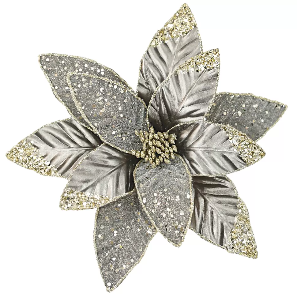 Christmas Forever POINSETTIA HEAD PLATINUM GRAY 12.5″ LEATHER CH GLITTER W/ CLIP