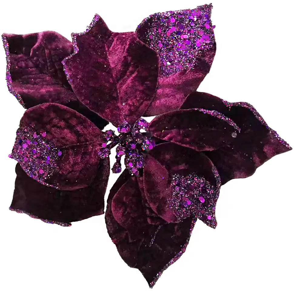 Christmas Forever POINSETTIA HEAD PURPLE 9″ GLITTER CARDED W/ CLIP
