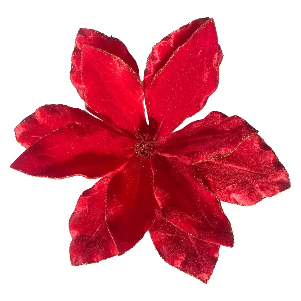 Christmas Forever POINSETTIA HEAD RED 10.5″ VELVET W/ GLITTER EDGE & CLIP