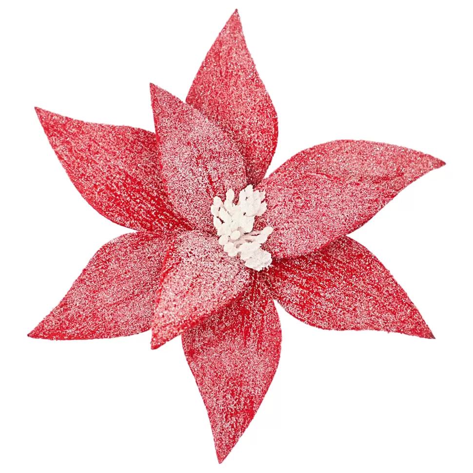 Christmas Forever POINSETTIA HEAD RED 11.5″ FROSTED WOOL W/ CLIP