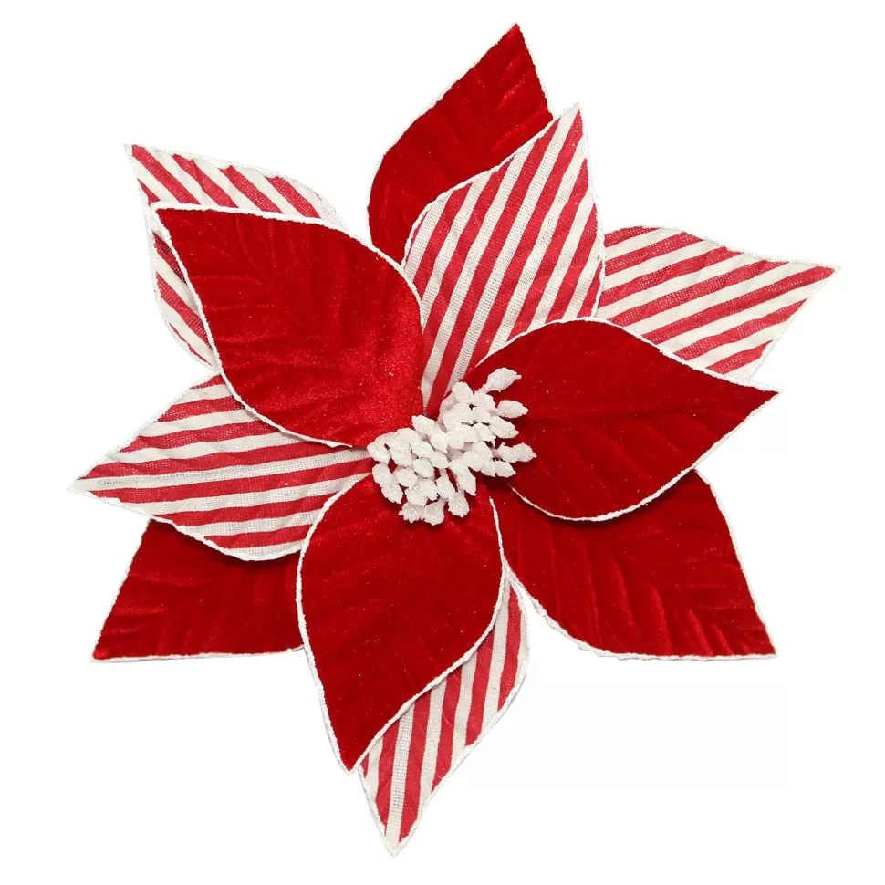 Christmas Forever POINSETTIA HEAD RED 11.5″ VELVET W/ CANDYCANE STIPE & CLIP