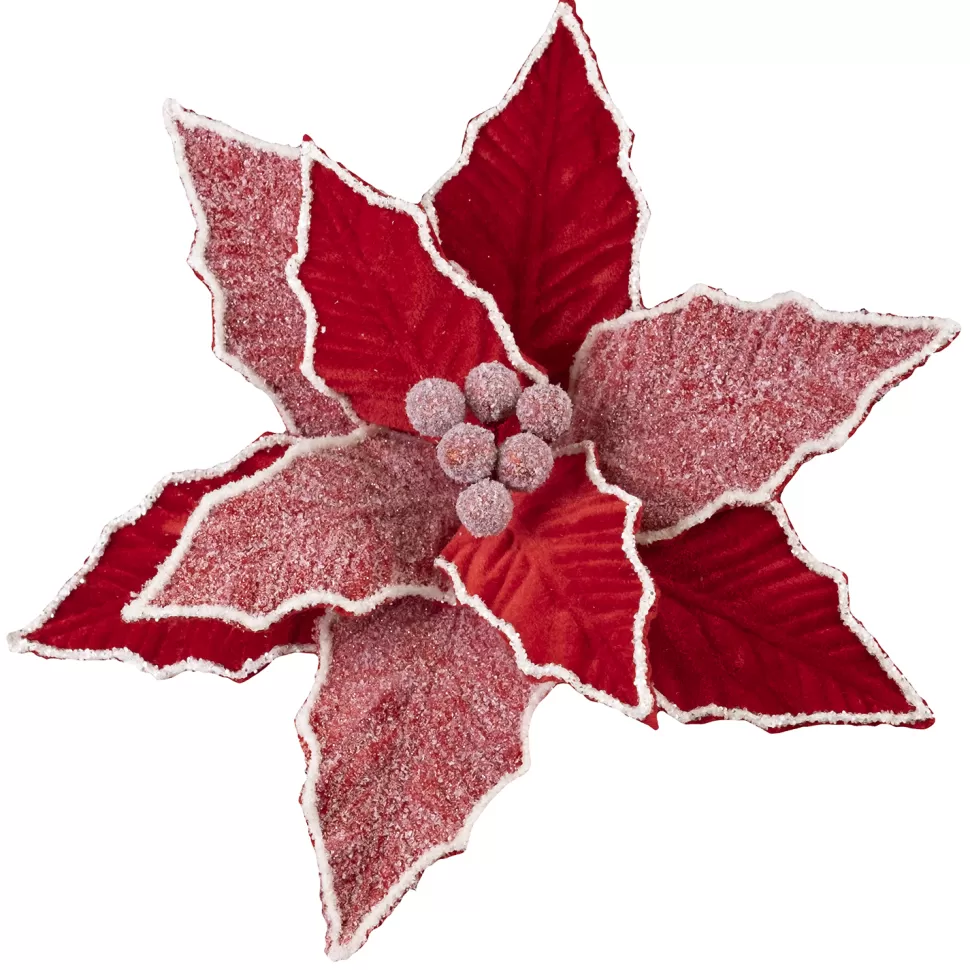 Christmas Forever POINSETTIA HEAD RED 11″ VELVET W/ FROSTED PETALS & CLIP