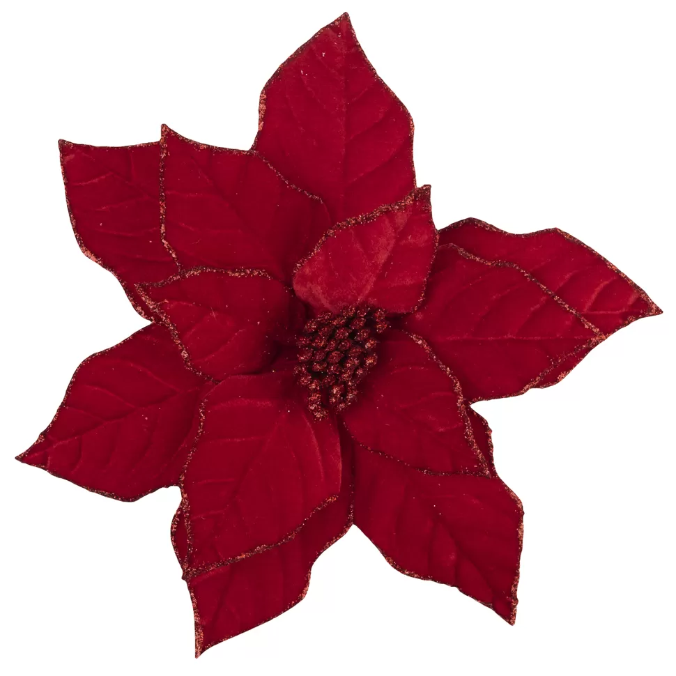 Christmas Forever POINSETTIA HEAD RED 11″ VELVET W/ GLITTER BORDER & CLIP