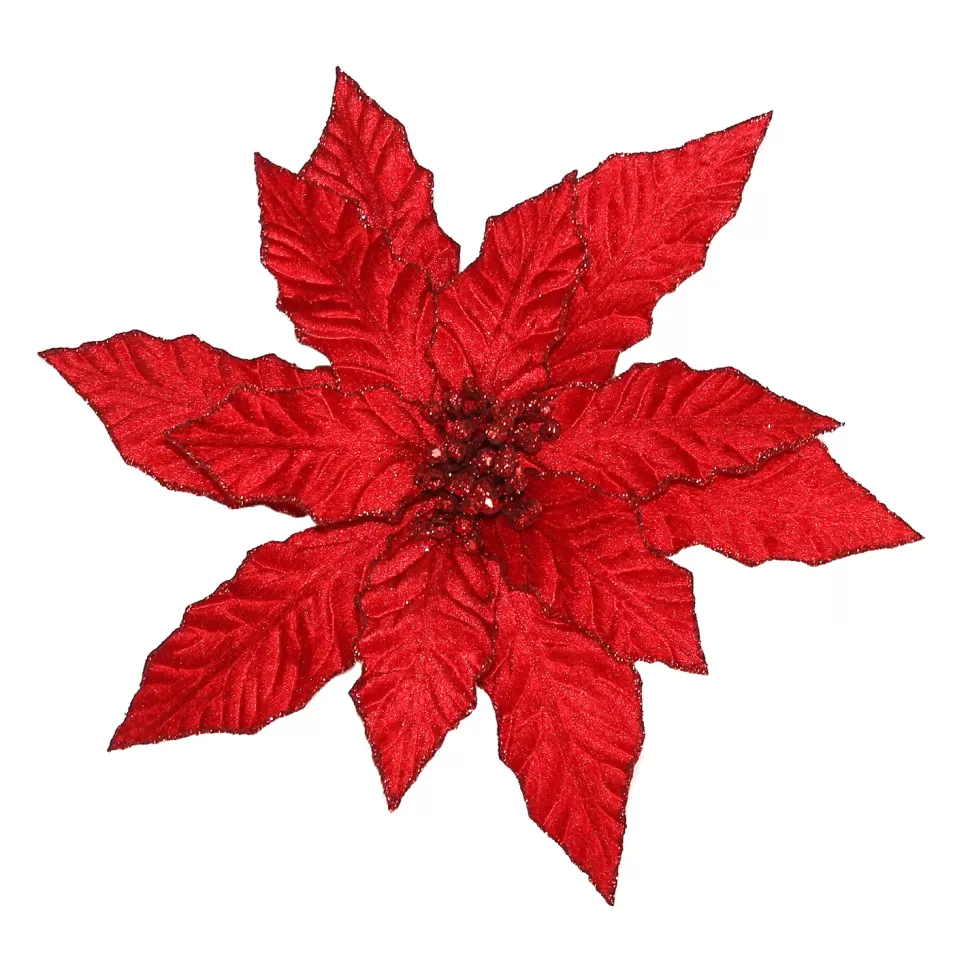 Christmas Forever POINSETTIA HEAD RED 12″ VELVET W/ GLITTER & CLIP