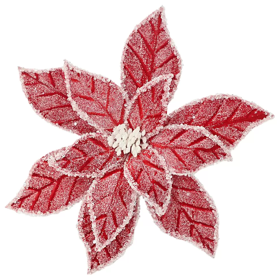Christmas Forever POINSETTIA HEAD RED 12″ VELVET WHITE ICE EDGE AND FROSTING W/ CLIP