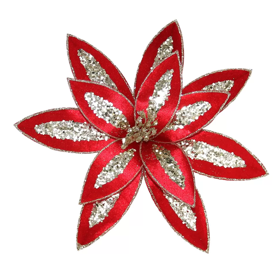 Christmas Forever POINSETTIA HEAD RED 13″ VELVET W/ CHAMPAGNE GLTR & CLIP