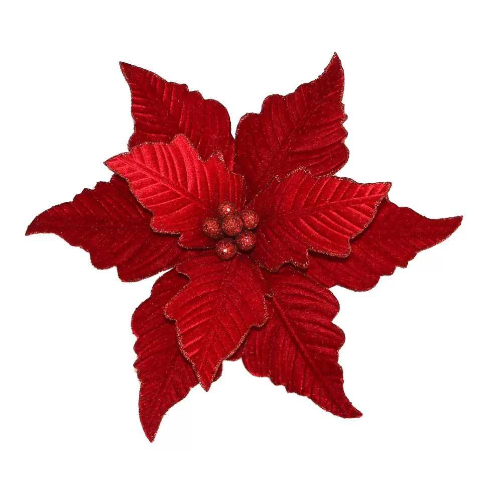 Christmas Forever POINSETTIA HEAD RED 14″ VELVET WGLITTER & CLIP